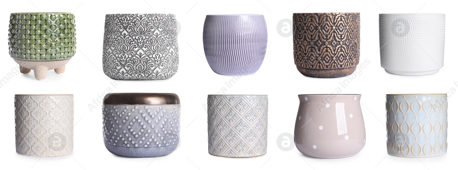 Image of Set with different stylish ceramic flowerpots on white background. Banner design