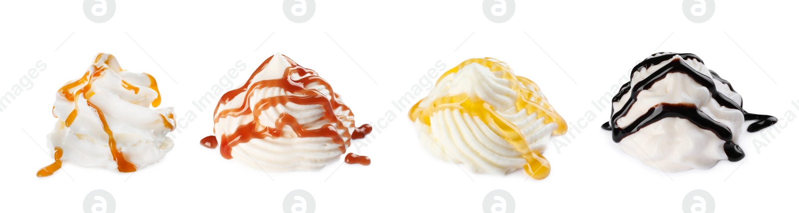 Image of Set of delicious fresh whipped cream with syrups on white background. Banner design