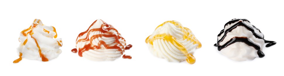 Image of Set of delicious fresh whipped cream with syrups on white background. Banner design