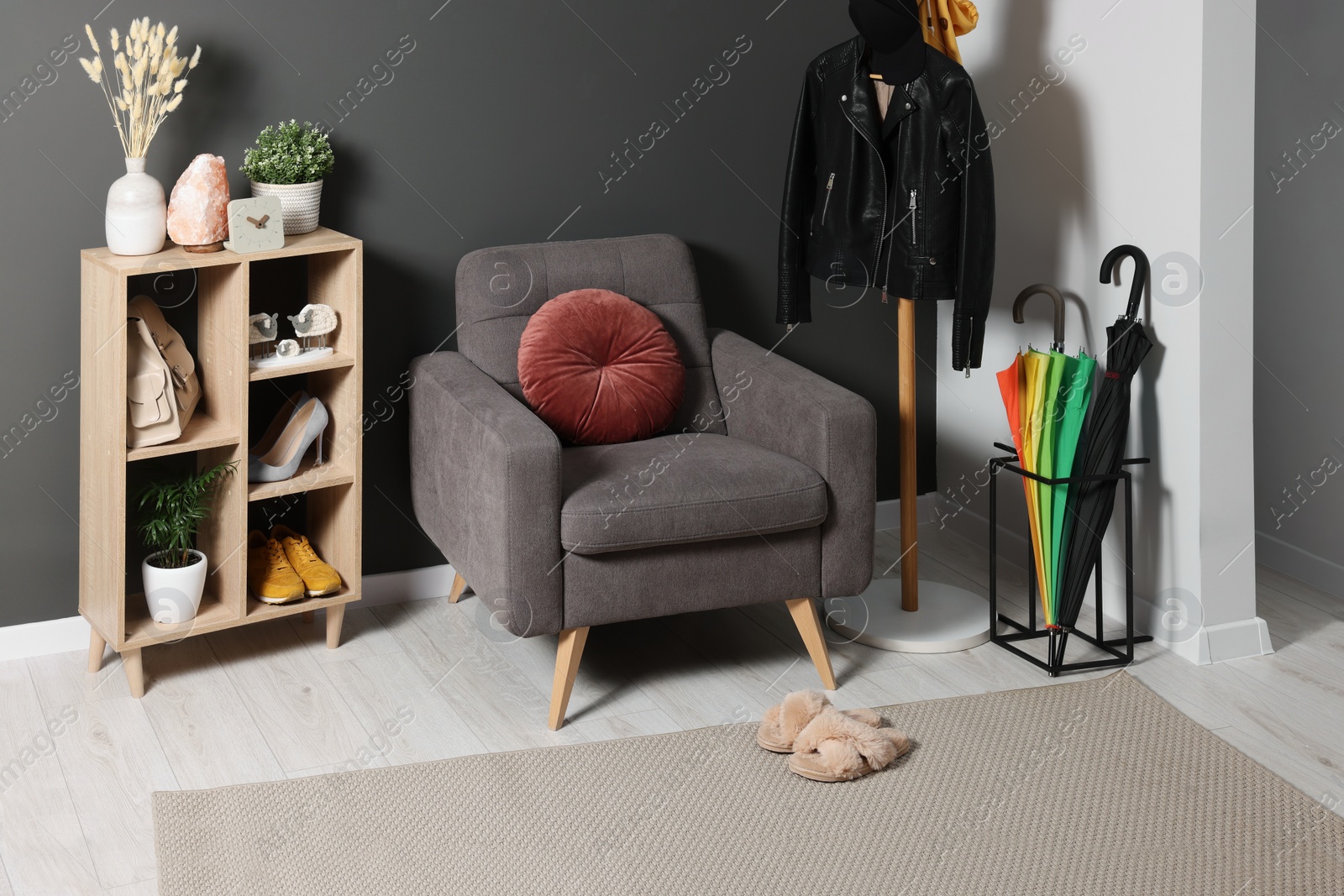 Photo of Modern hallway interior with stylish furniture and decorative elements