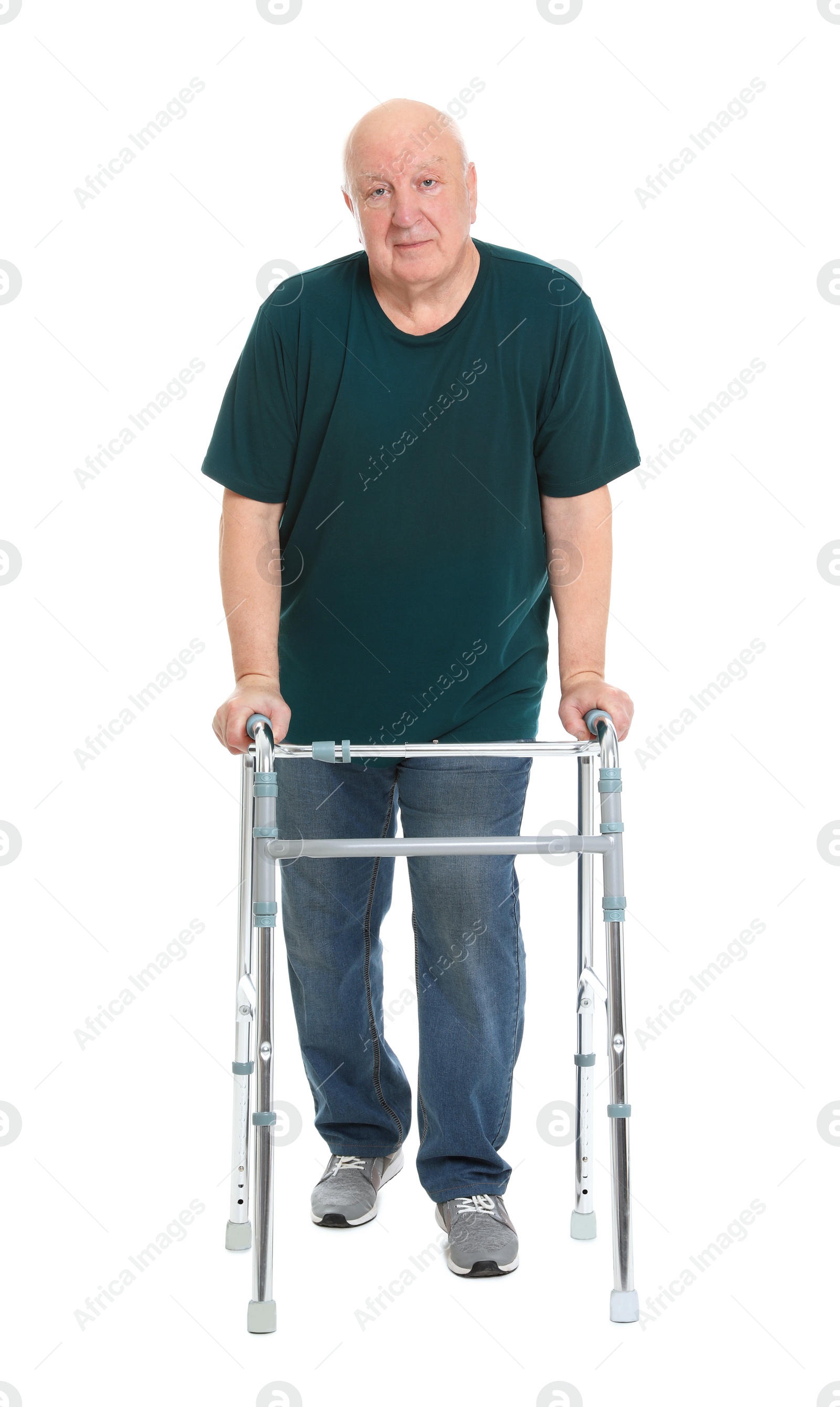 Photo of Elderly man with walking frame on white background. Medical help