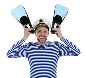 Photo of Happy sailor with swim fins on white background