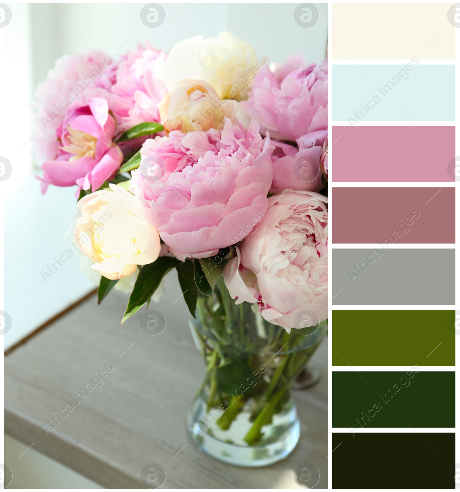 Image of Bouquet of beautiful peonies in vase on wooden table and color palette. Collage
