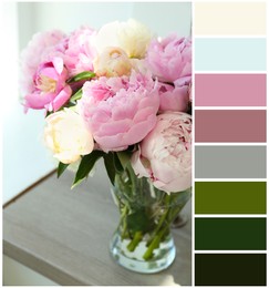 Bouquet of beautiful peonies in vase on wooden table and color palette. Collage