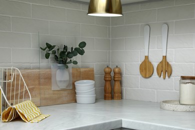 Silicone vase with eucalyptus branches on countertop in kitchen