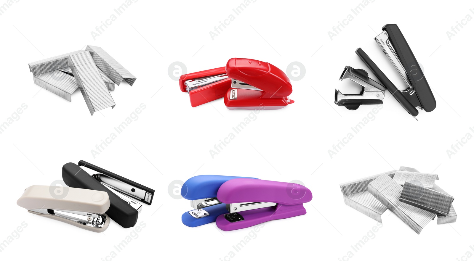 Image of Different colorful staplers and fasteners isolated on white, collection