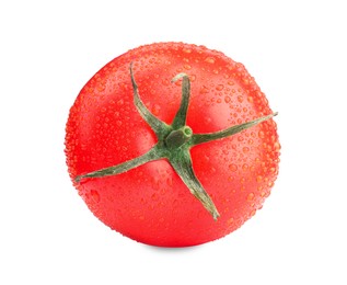 One red ripe tomato with water drops isolated on white