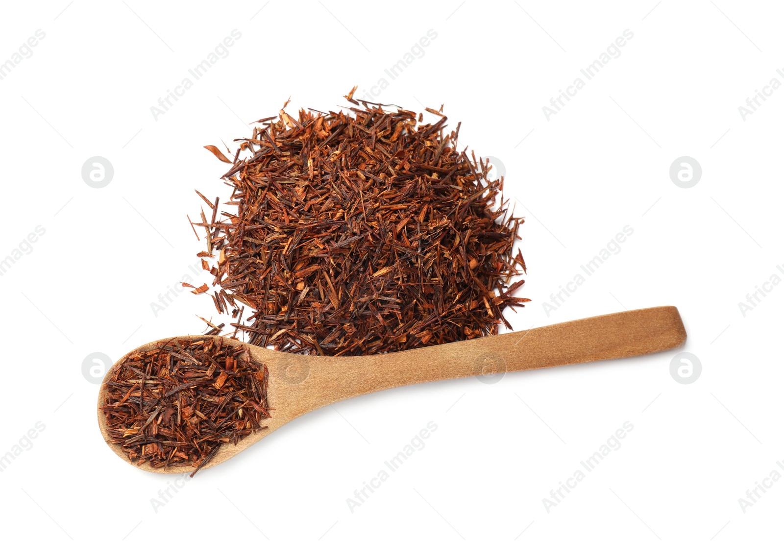 Photo of Rooibos tea and spoon isolated on white, top view