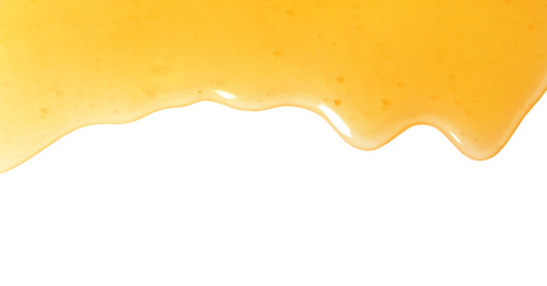 Photo of Fresh sweet honey flowing on white background