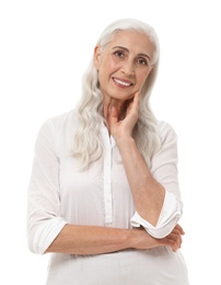 Photo of Portrait of beautiful mature woman on white background