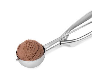 Photo of Scoop with chocolate ice cream isolated on white