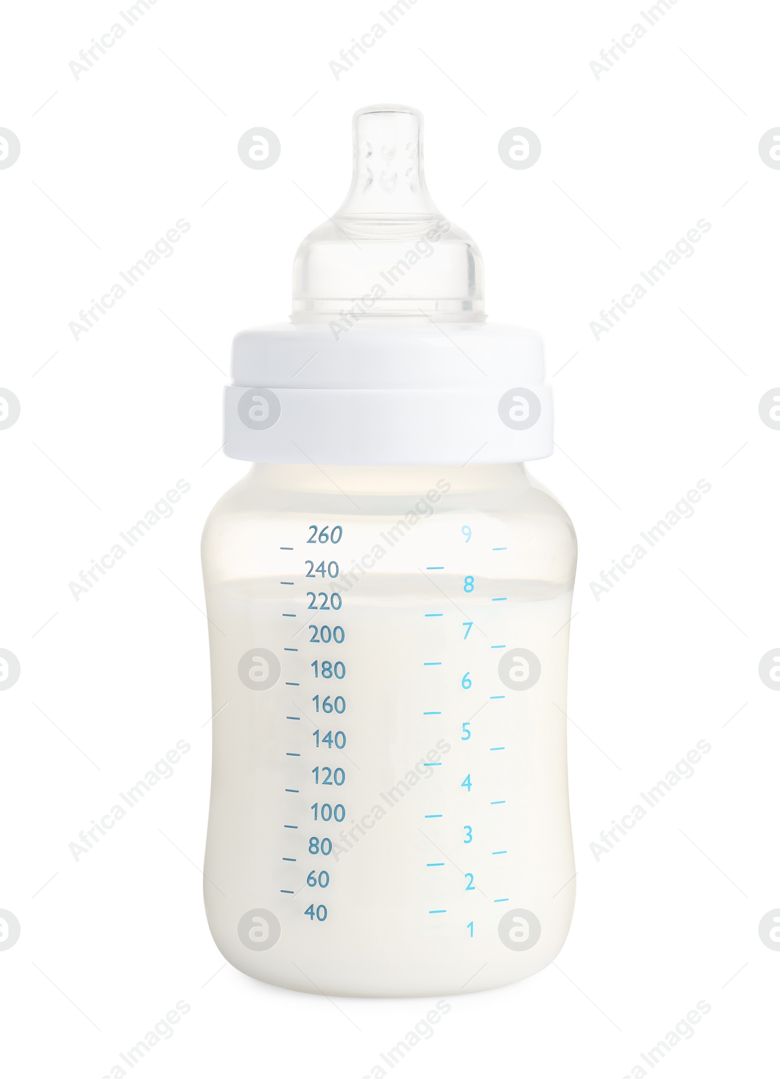 Photo of Feeding bottle with milk on white background