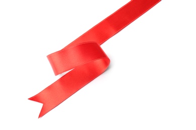 Photo of Simple red ribbon on white background, top view. Festive decoration