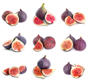 Image of Set of cut and whole figs on white background