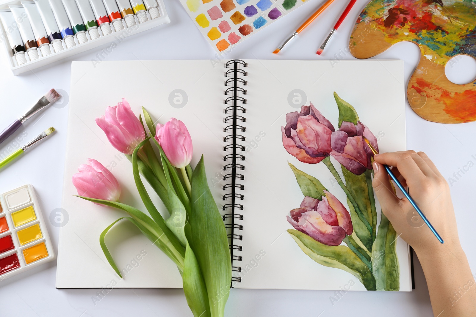 Photo of Woman painting tulips in sketchbook at white table, top view
