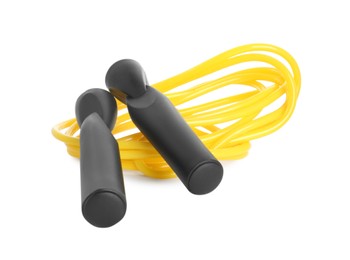 Photo of Yellow skipping rope with black handles isolated on white