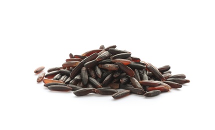 Photo of Pile of brown rice on white background