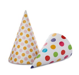 Photo of Bright party hats on white background. Festive accessory