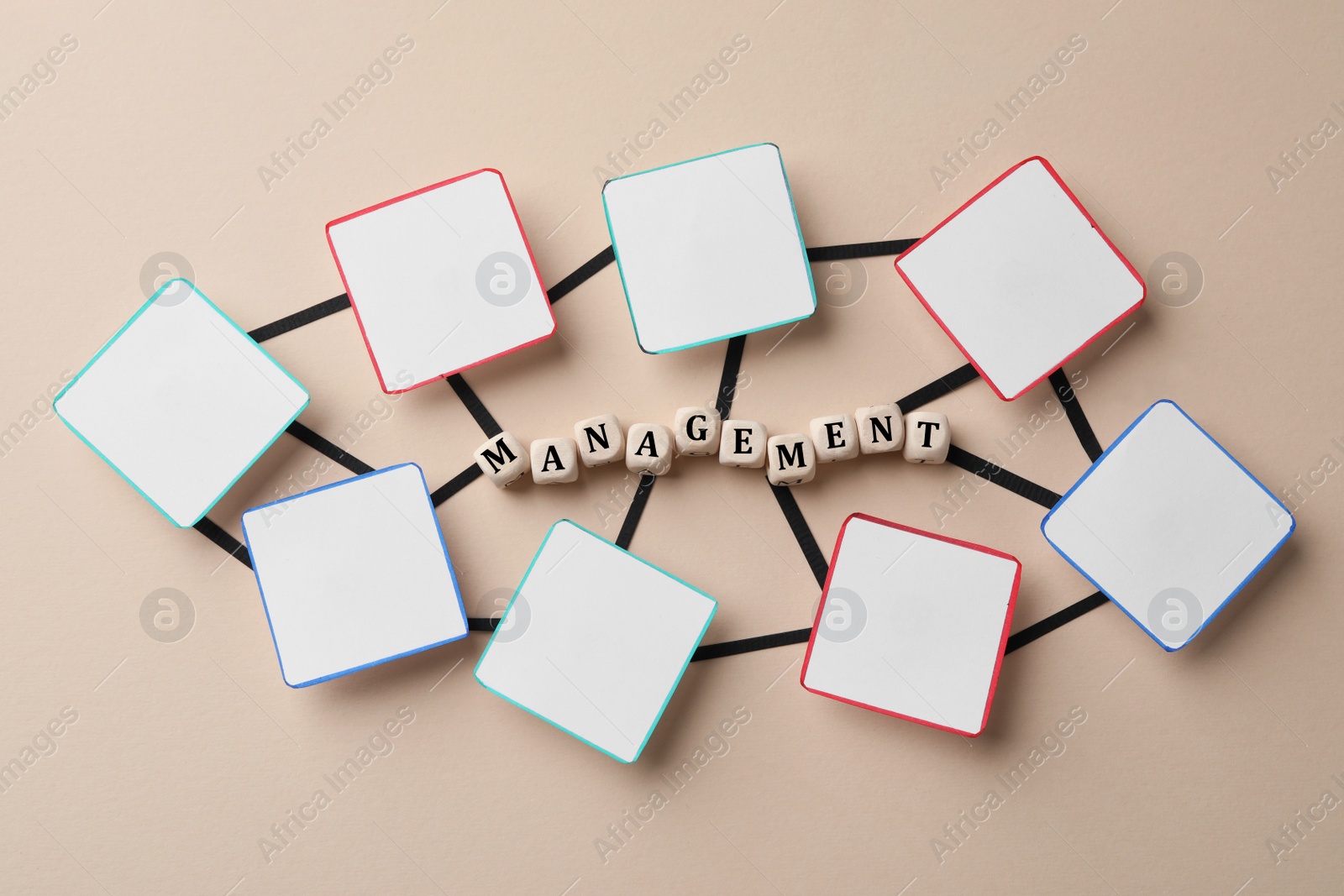 Photo of Scheme with word Management of wooden cubes and paper cards on beige background, top view