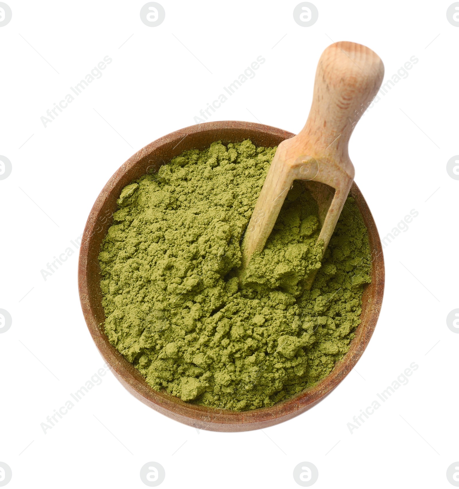 Photo of Henna powder in bowl and scoop isolated on white, top view