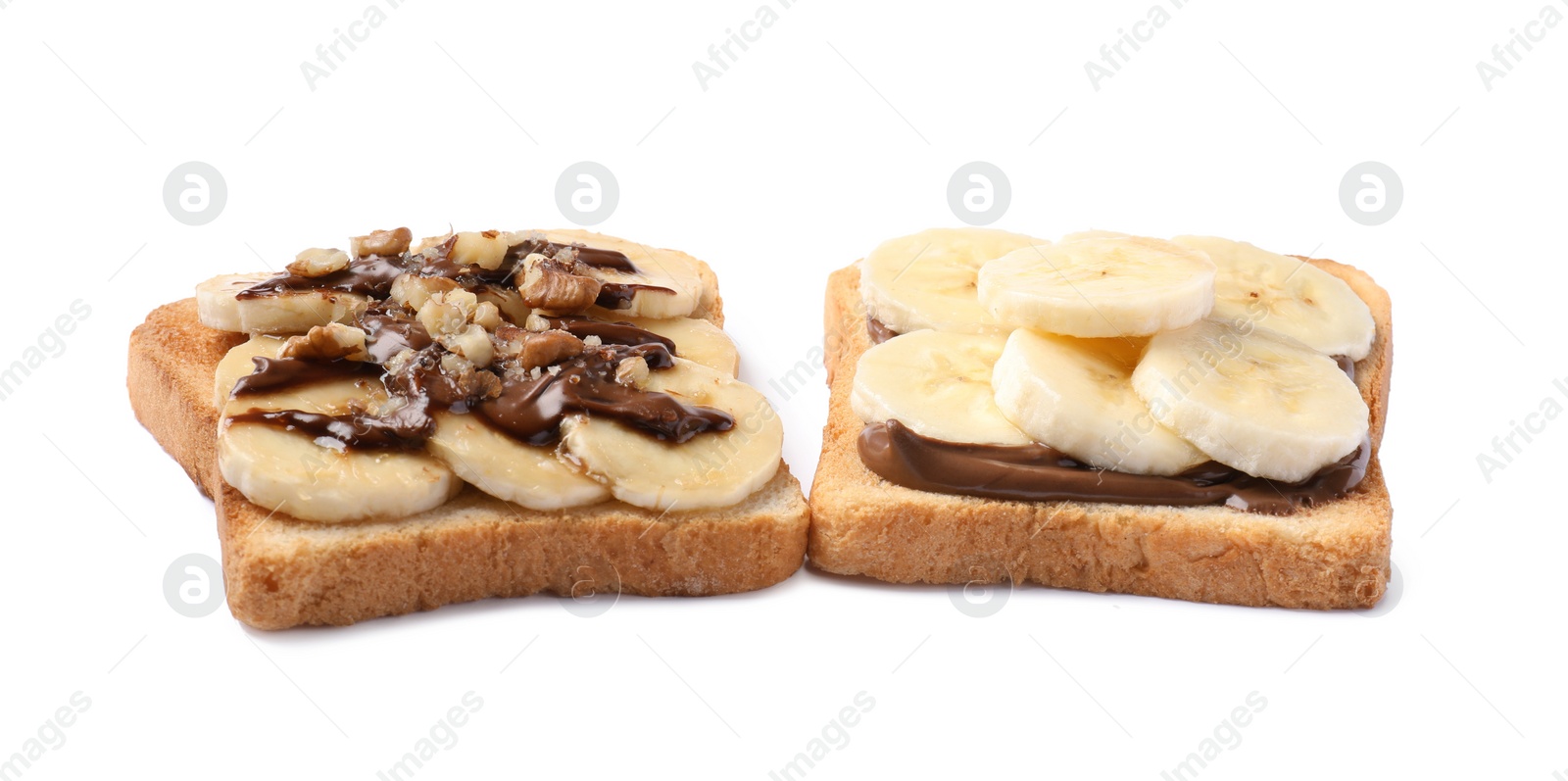 Photo of Delicious toasts with bananas, chocolate cream and nuts isolated on white