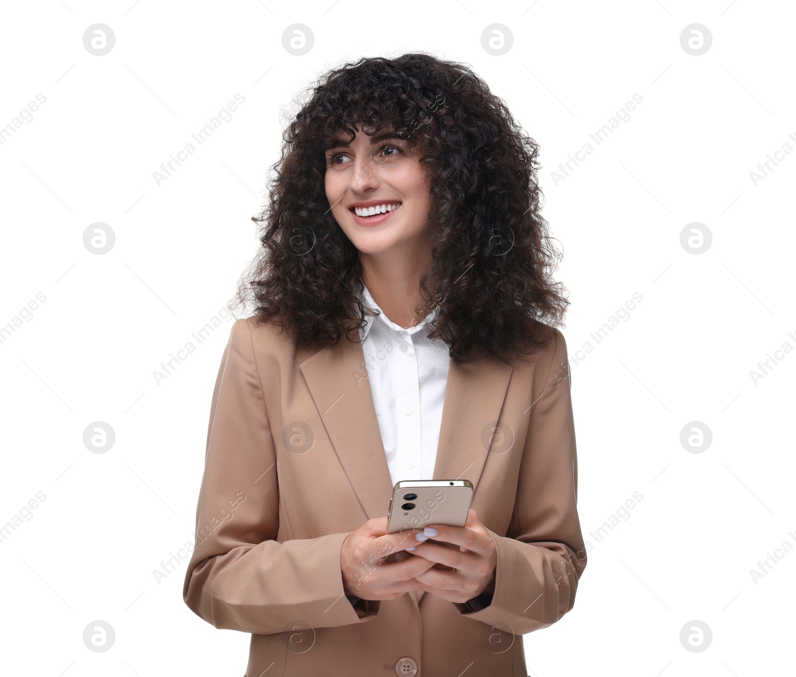 Photo of Woman sending message via smartphone isolated on white