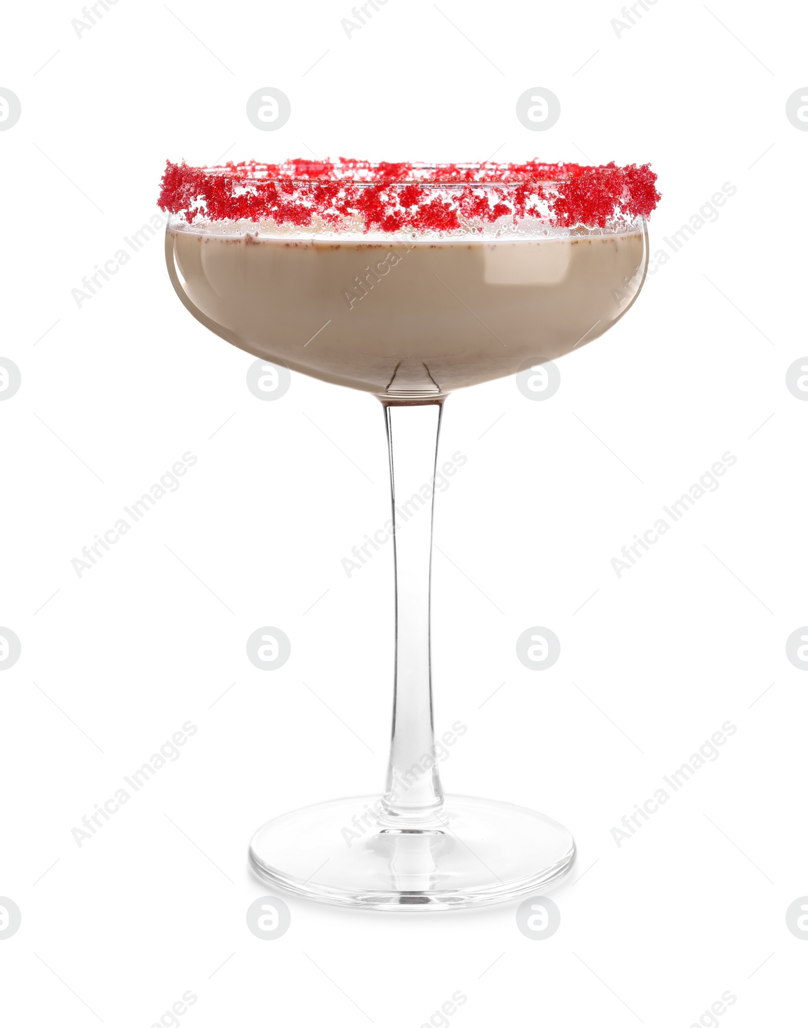 Photo of Delicious Christmas liqueur in glass on white background