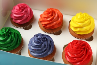 Photo of Many delicious colorful cupcakes in box, closeup