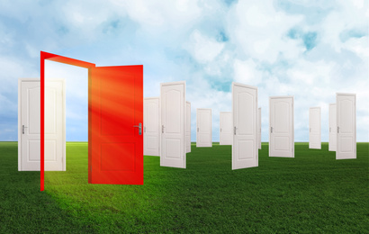 Image of Red door among white ones in field. Concept of choice