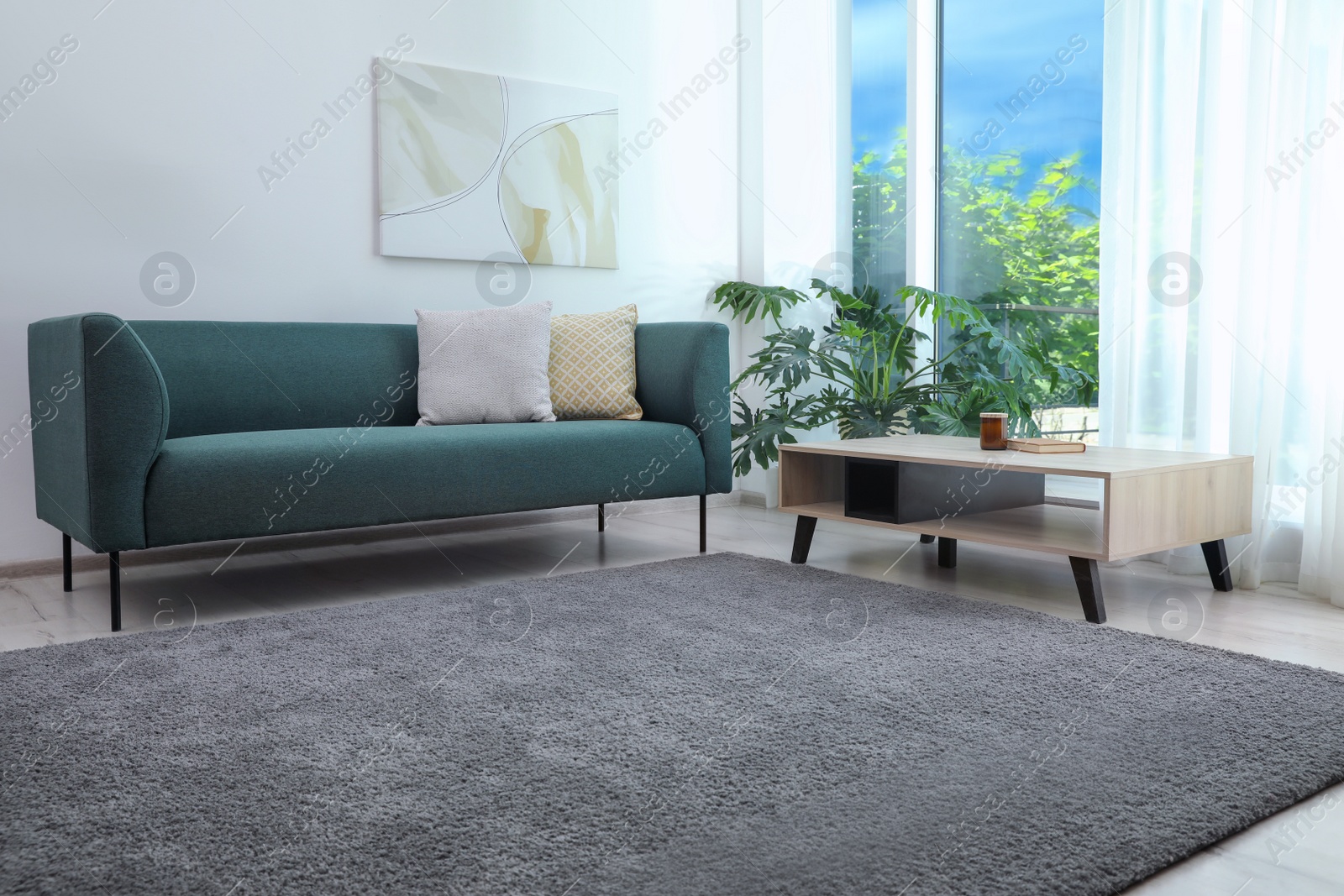 Photo of Living room interior with soft grey carpet and modern furniture