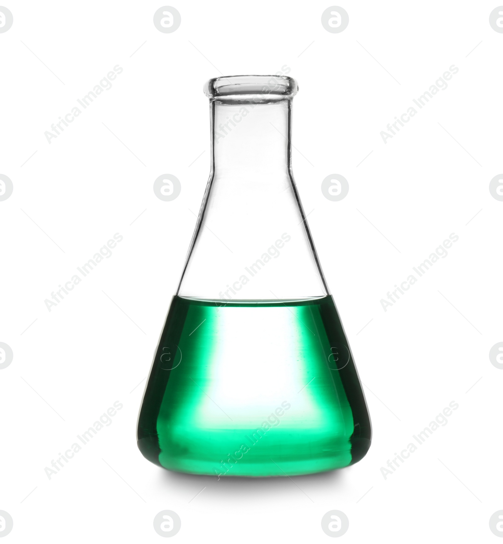 Photo of Laboratory glassware with color sample on white background. Solution chemistry