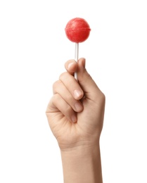 Photo of Woman holding coral lollipop against white background, closeup