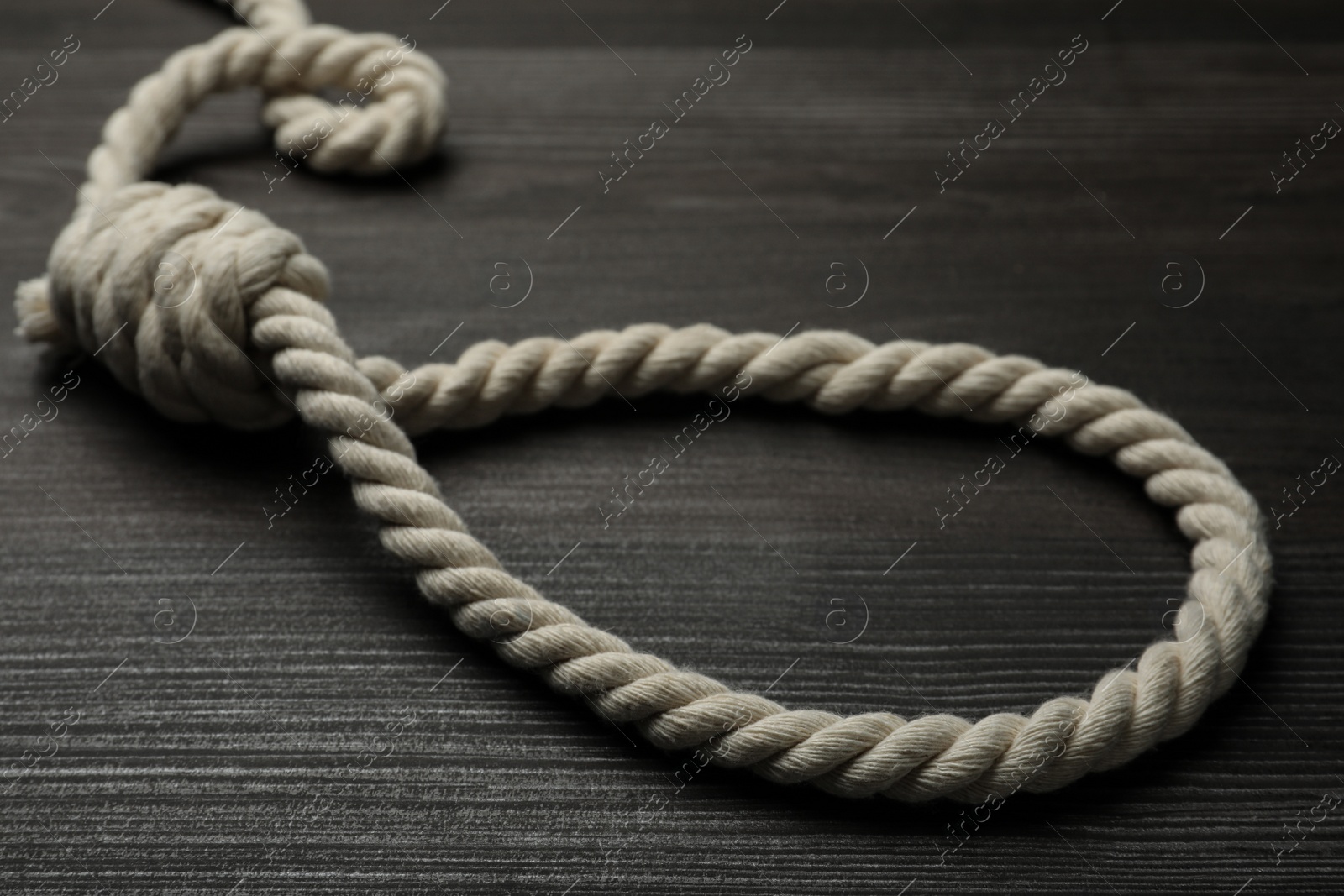 Photo of Rope noose on dark wooden table, closeup