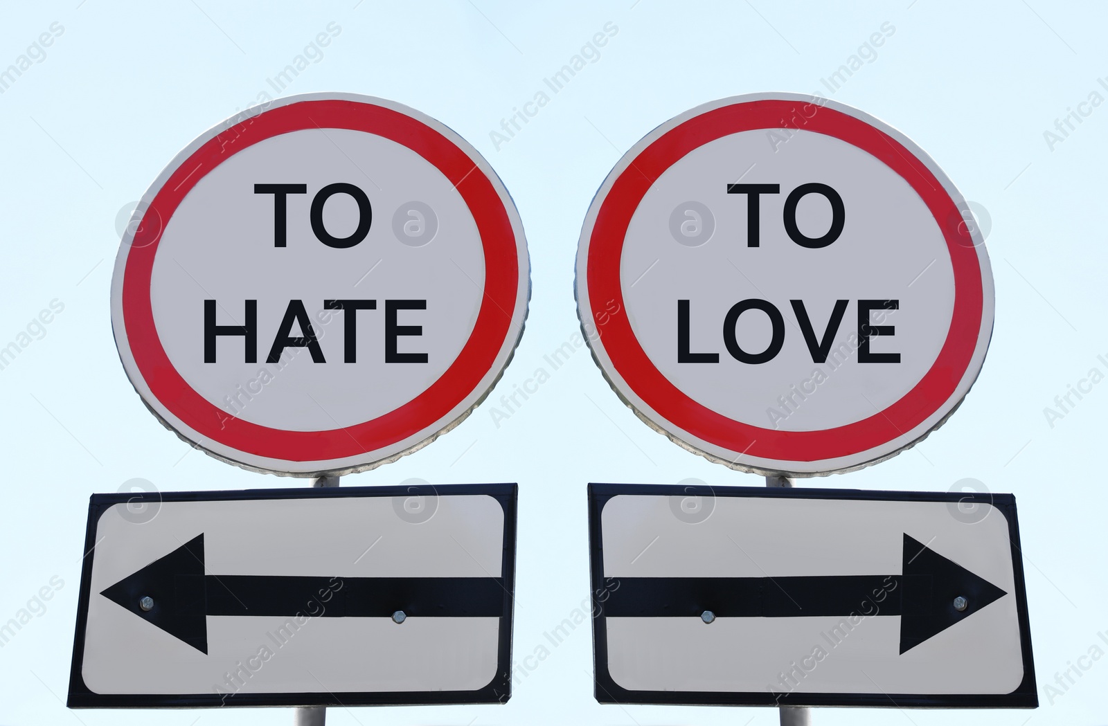 Image of Road signs with different directions - TO HATE or TO LOVE outdoors