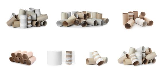 Image of Set with empty paper toilet rolls on white background. Banner design