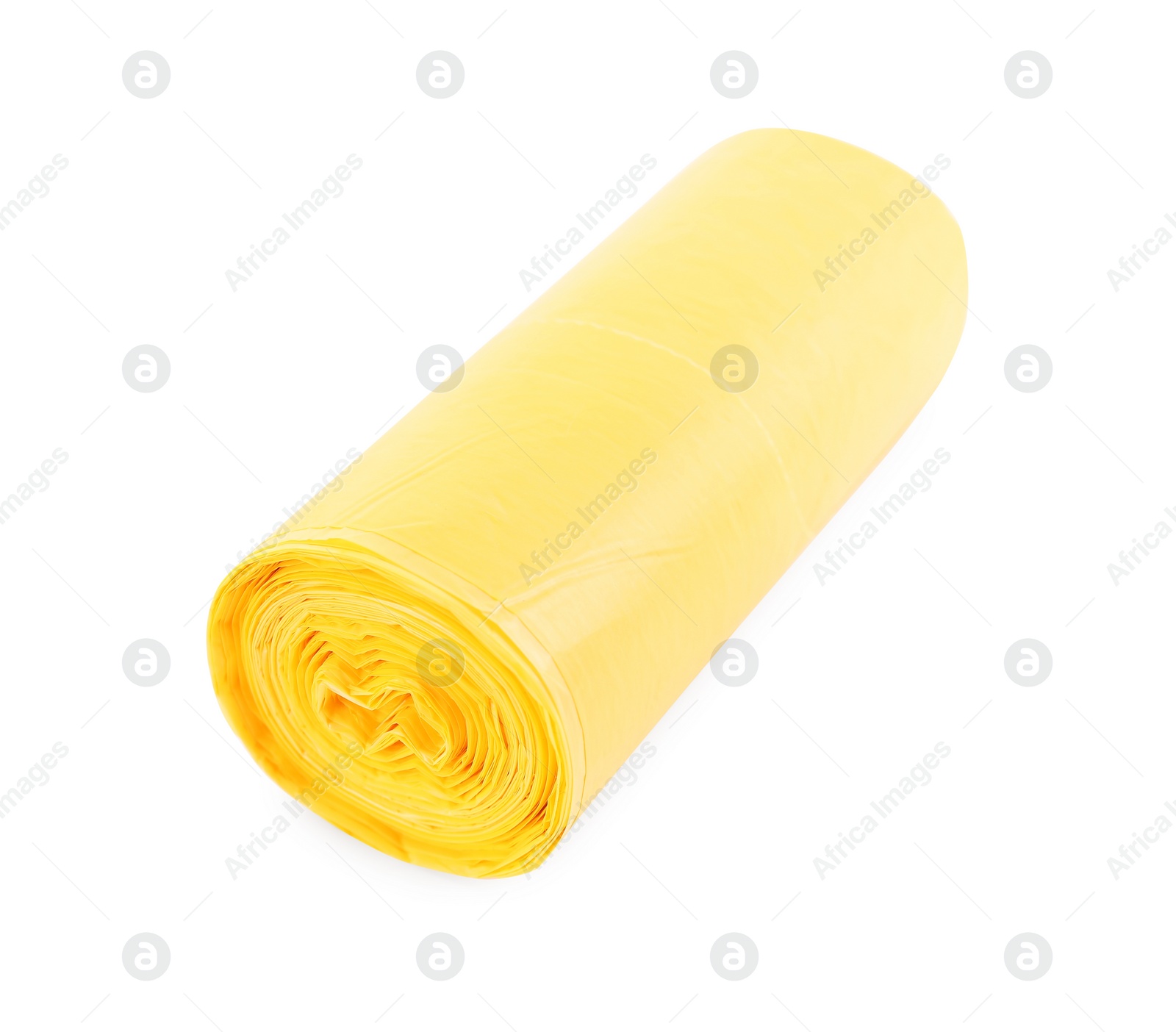 Photo of Roll of yellow garbage bags isolated on white