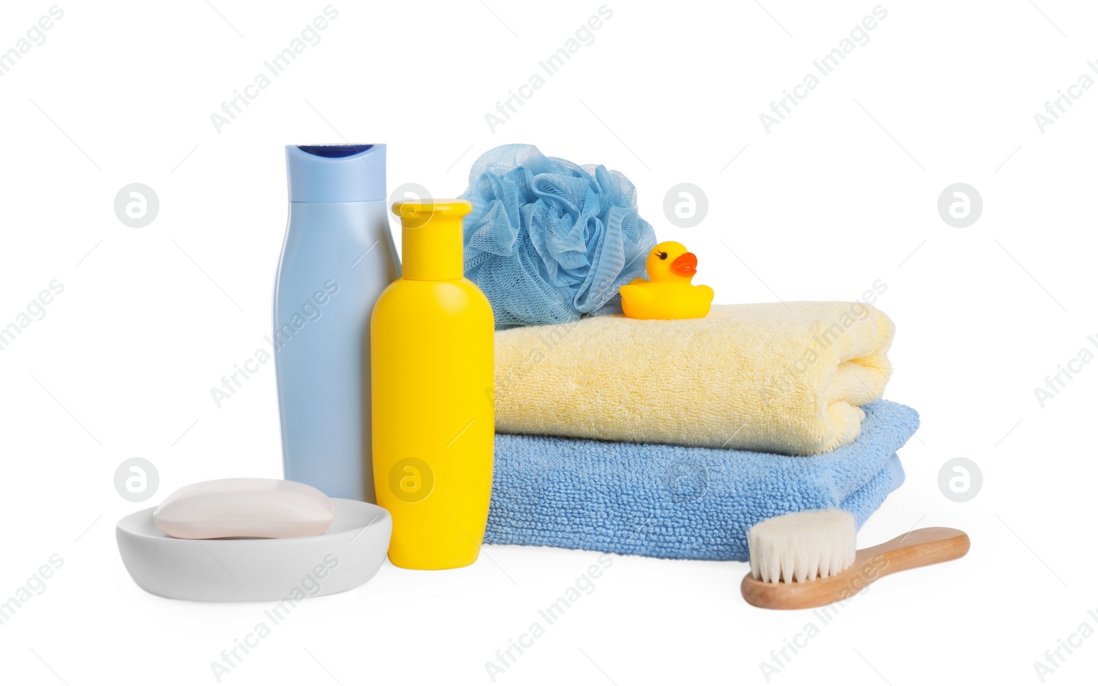 Photo of Baby cosmetic products, bath duck, accessories and towels isolated on white