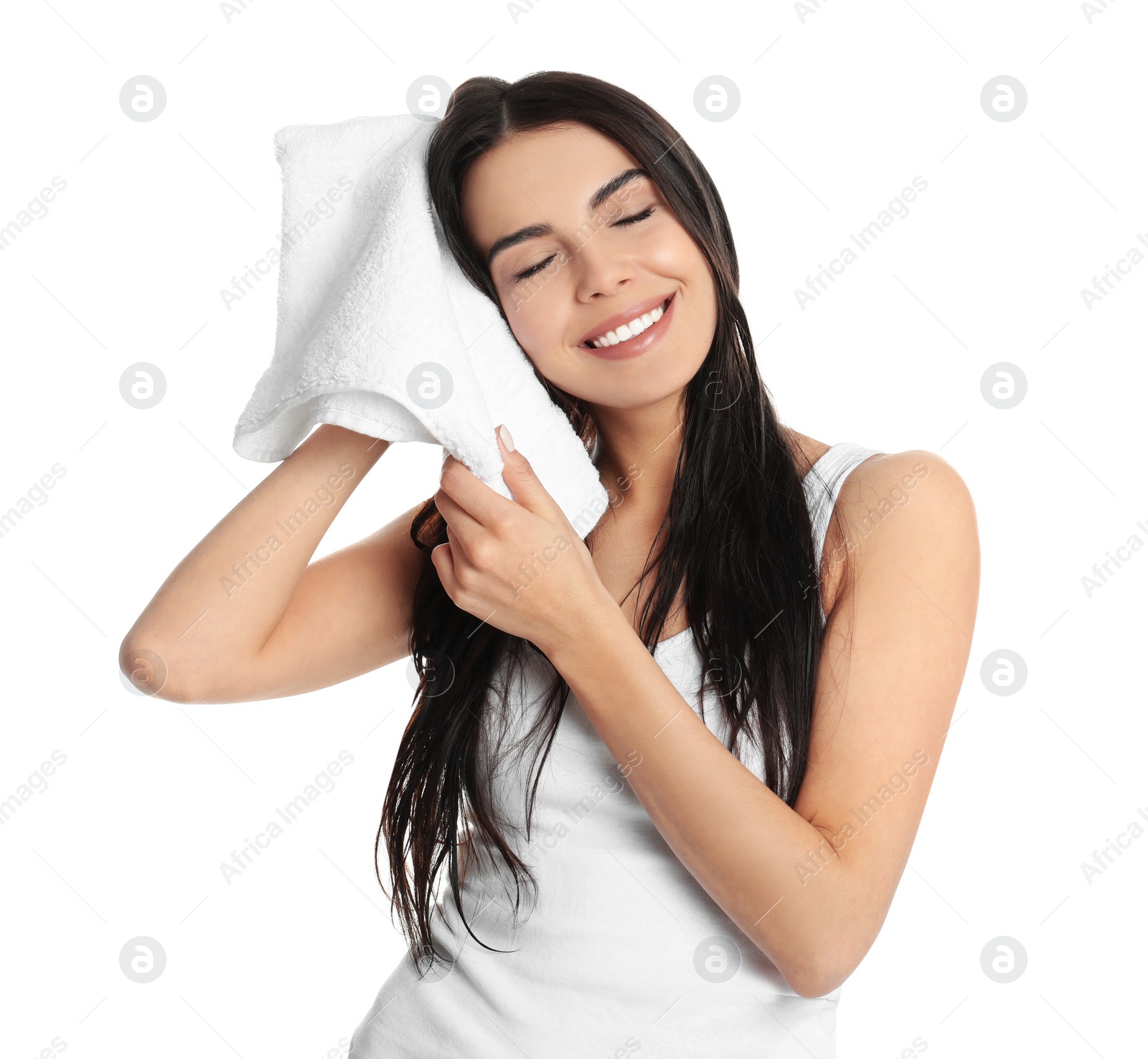 Photo of Young woman drying hair with towel on white background