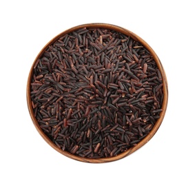 Bowl with uncooked black rice on white background, top view