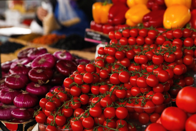 Fresh ripe vegetables on counter at wholesale market