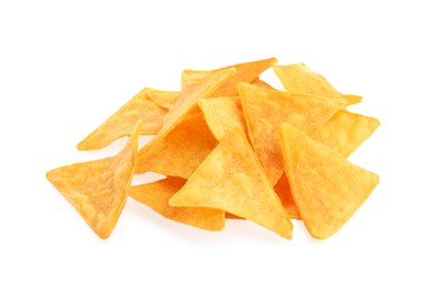 Tasty tortilla chips (nachos) on white background