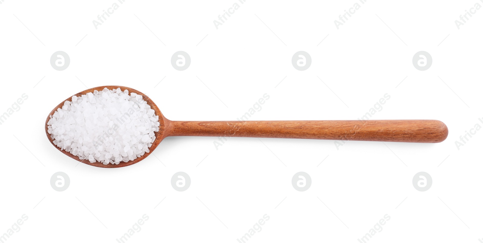 Photo of Wooden spoon with natural sea salt isolated on white, top view