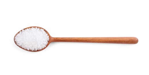 Wooden spoon with natural sea salt isolated on white, top view