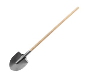 Photo of One new shovel with wooden handle isolated on white. Gardening tool