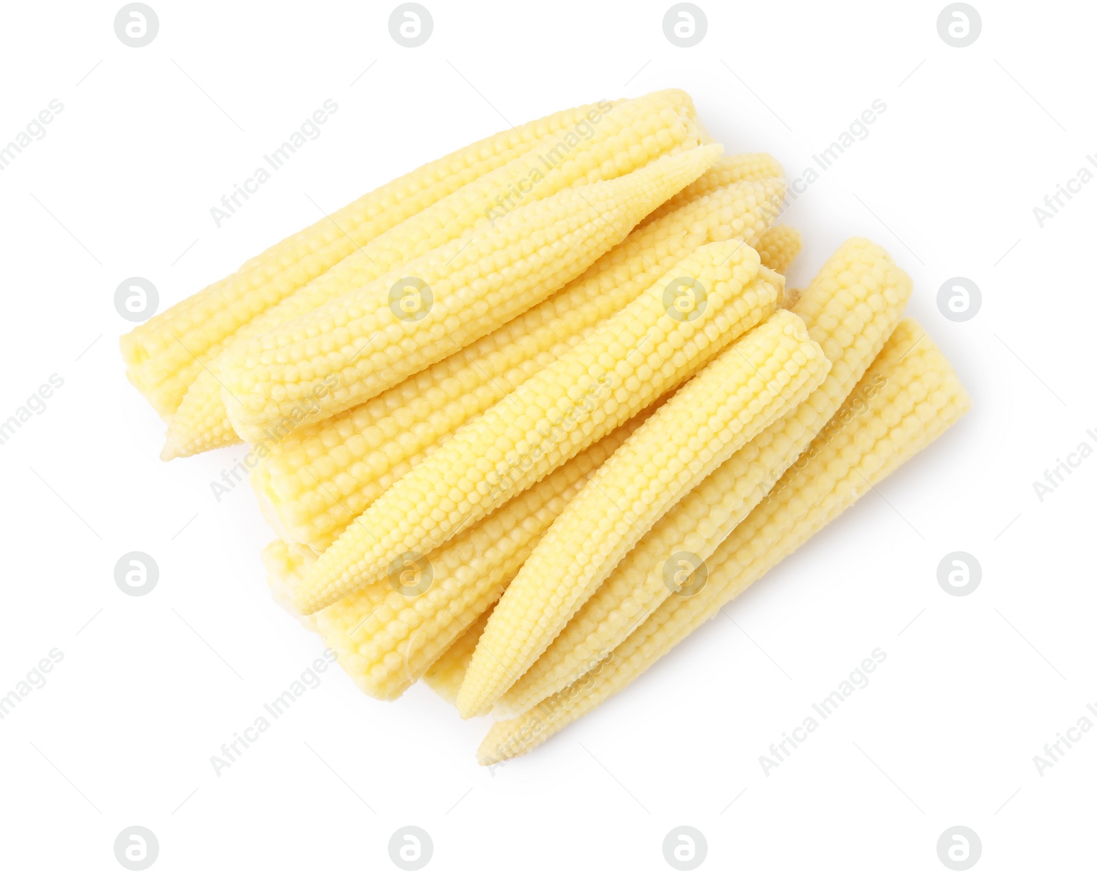 Photo of Tasty fresh baby corns isolated on white, top view