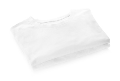 Photo of Folded modern cotton t-shirts on white background
