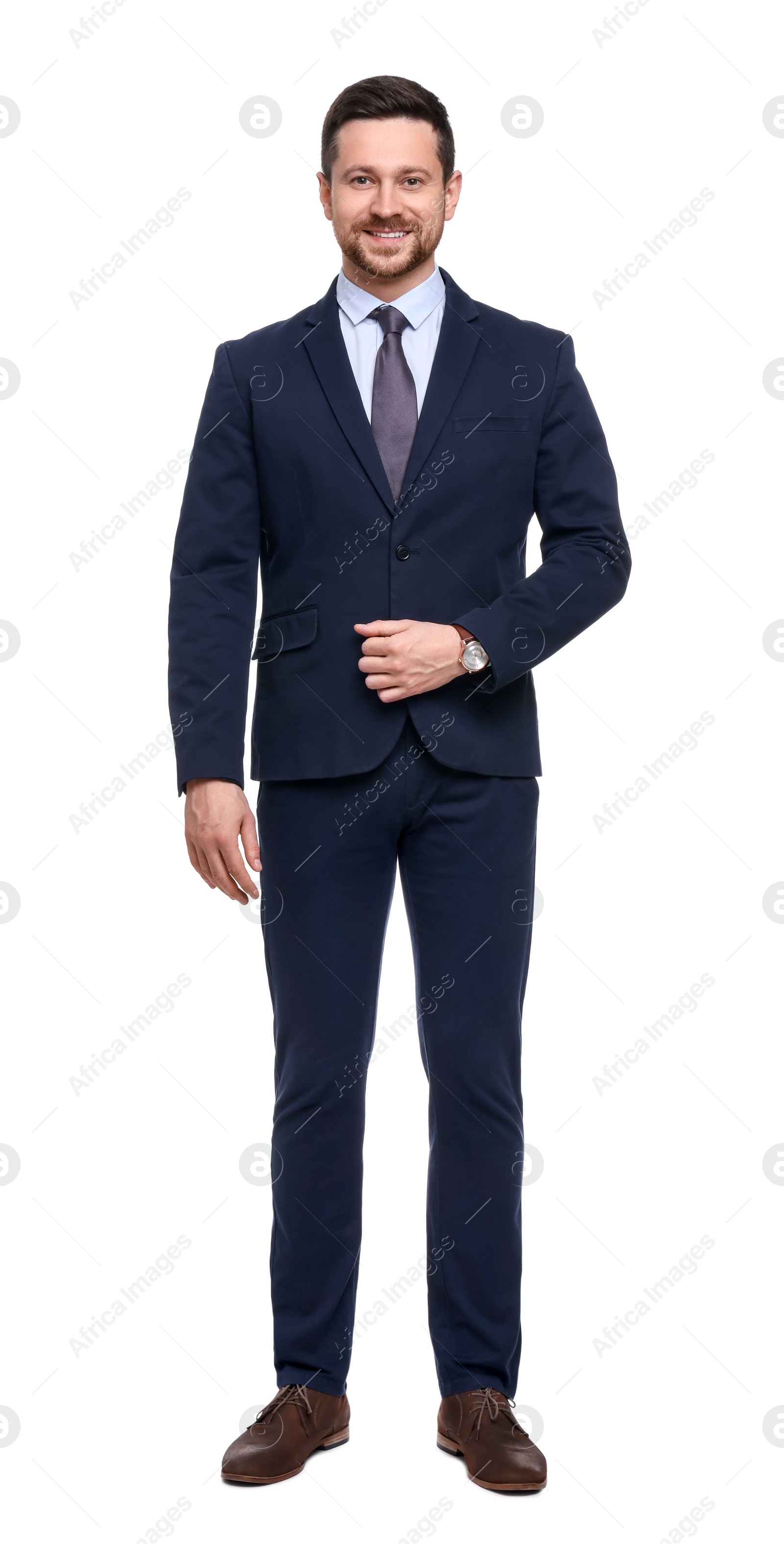 Photo of Handsome bearded businessman in suit on white background