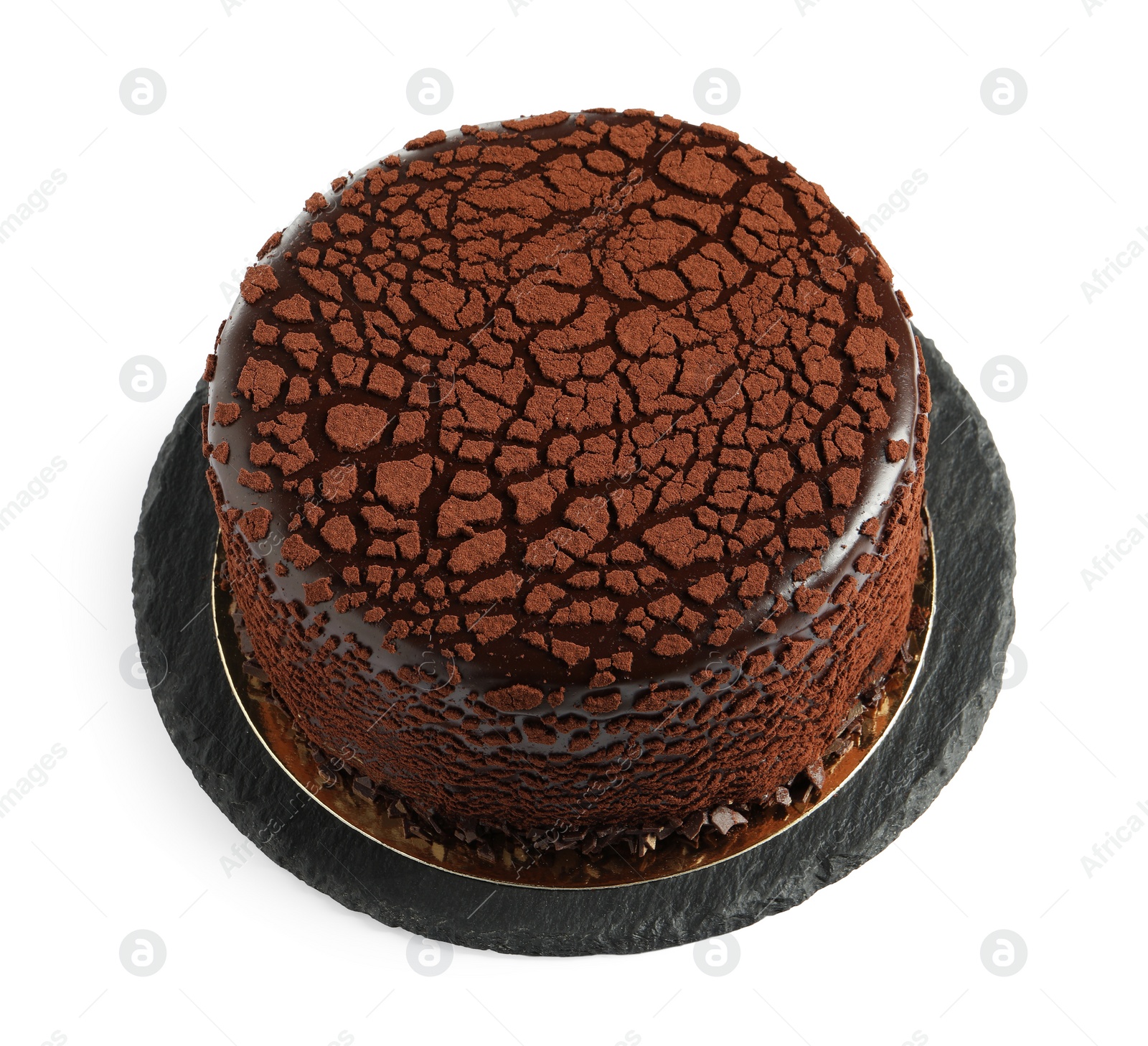 Photo of Delicious chocolate truffle cake isolated on white