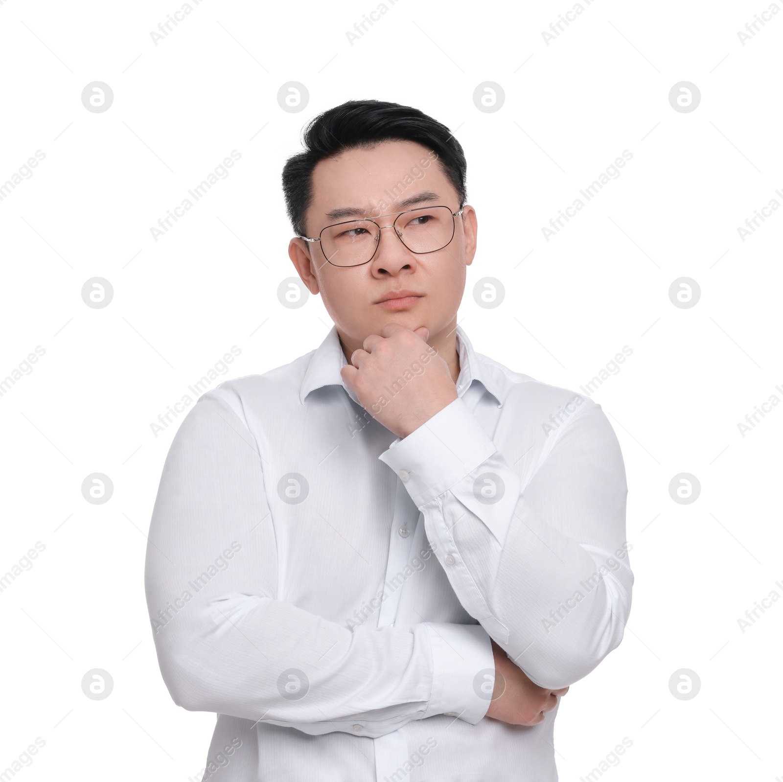 Photo of Businessman in formal clothes wearing glasses on white background