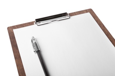 Photo of Wooden clipboard with sheet of paper and pen isolated on white. Space for text